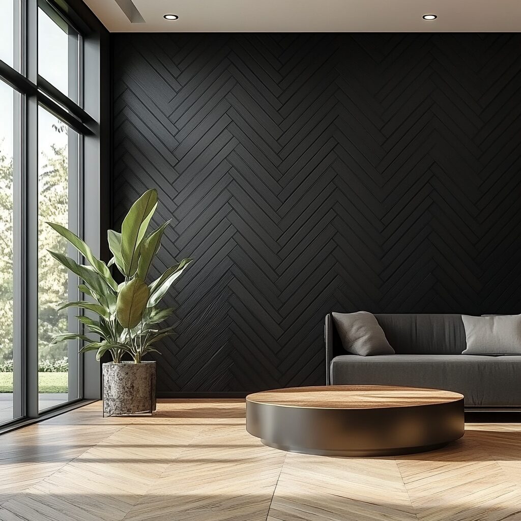 Revêtement mural herringbone en chêne teint noir – Image 2